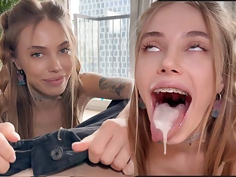 BunnyRabbits schoolgirl strenuously swallows every abandon be beneficial to her man's cum